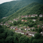 A picturesque village nestled at the edge of a lush forest, showcasing rustic charm and natural beauty, perfect for a serene escape into nature.