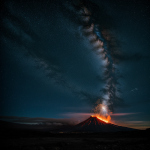 A breathtaking view of a volcano erupting under a starry night sky, showcasing the glowing lava against a tranquil backdrop of twinkling stars.