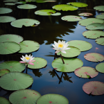 A serene pond with beautiful water lilies floating calmly, showcasing nature's elegance and tranquility in a picturesque garden setting.