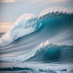 A breathtaking view of waves crashing in slow motion, capturing the intricate details and beauty of ocean water in motion under a sunlit sky.