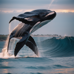 A majestic whale tail splashes against the vibrant backdrop of a sunset over the ocean, capturing the essence of marine beauty and tranquility.