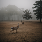 A wild deer stands gracefully in a foggy landscape, blending with the mystical surroundings, creating a serene and captivating natural scene.