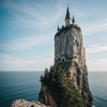 A majestic wizard tower stands atop a rugged cliff, surrounded by mist and offering a breathtaking view, embodying mystical allure and fantasy charm.