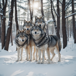 A majestic wolf pack gracefully moves through snowy woods, showcasing their social dynamics and natural beauty in a serene winter landscape.